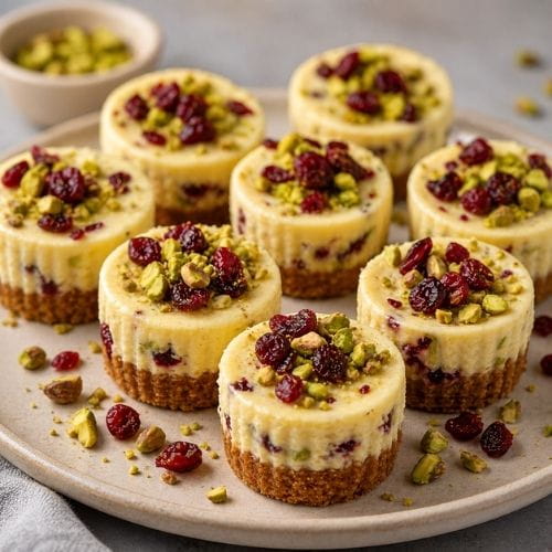 Pistachio Cranberry Mini Cheesecakes