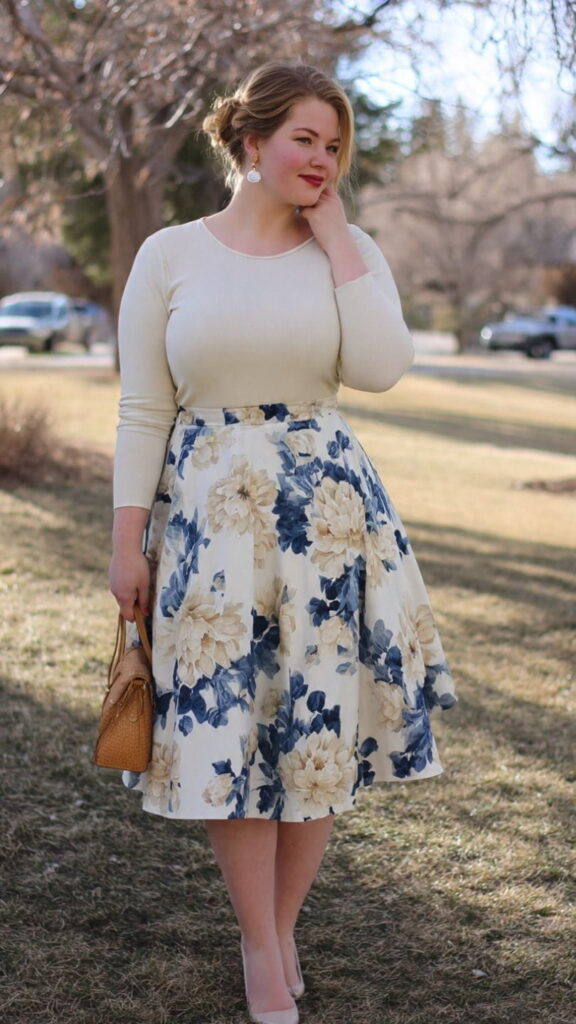 Cream Long Sleeve Top with Dark Floral Midi Skirt