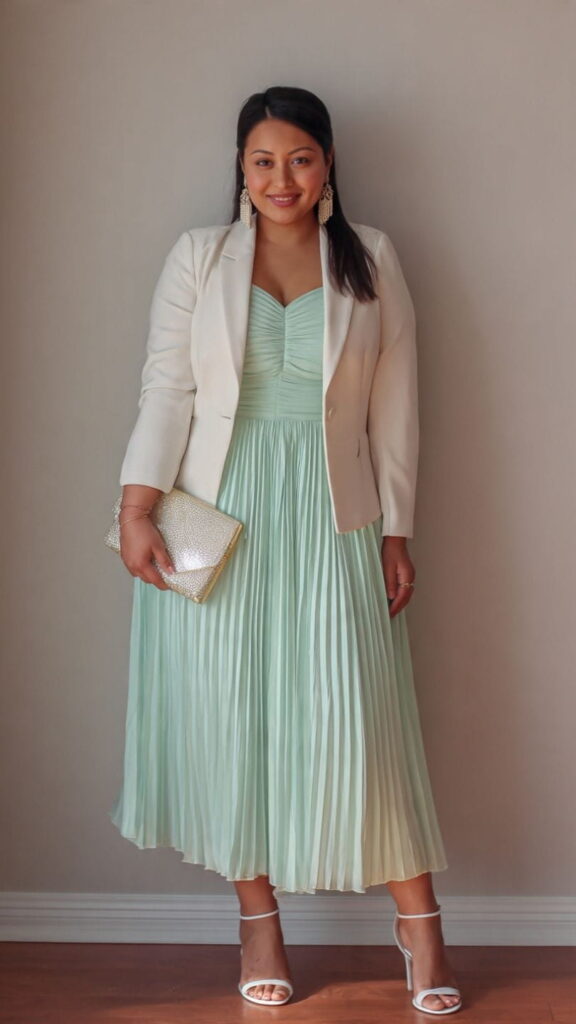 Mint Pleated Midi Dress with Cropped Blazer