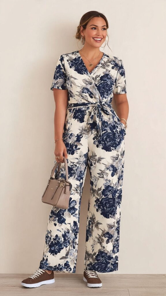 Navy Floral Jumpsuit with Casual Sneakers