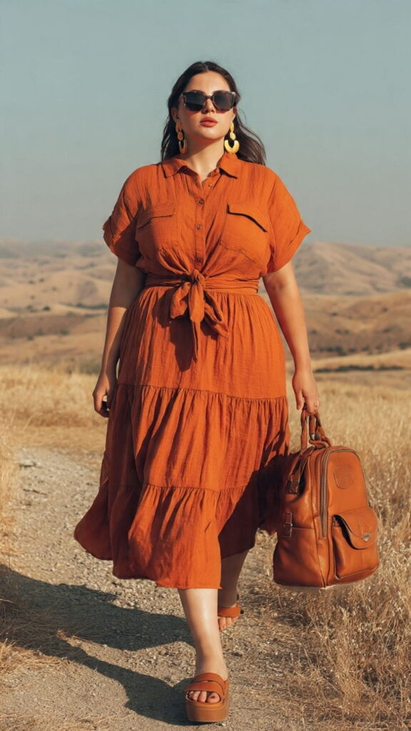 Rust Tie-Front Shirt with Matching Tiered Skirt