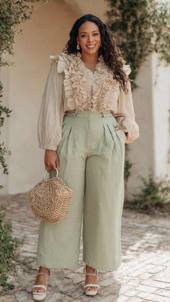 Soft Beige Ruffle Blouse with Sage Wide-Leg Trousers