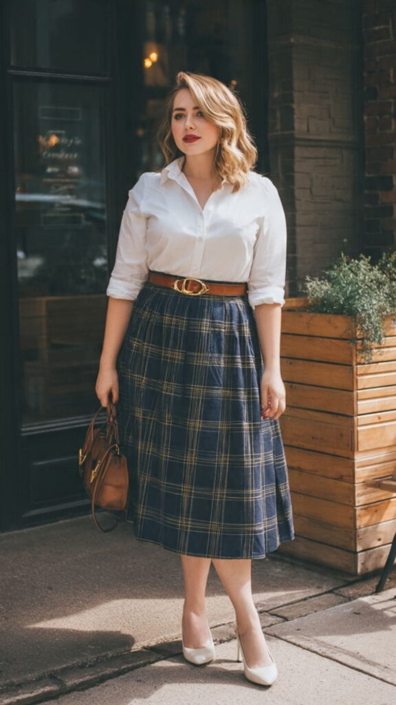 White Button Down Shirt with Plaid Midi Skirt