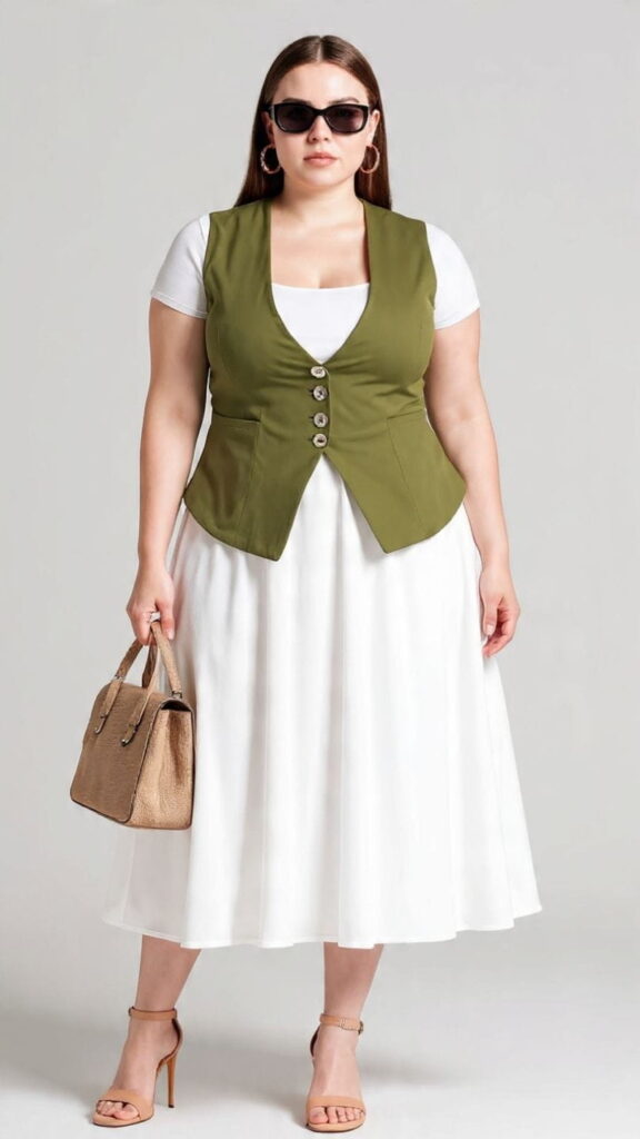 White Midi Skirt with Olive Buttoned Vest